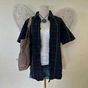 Indie Skater Grunge Plaid Cotton Shirt Black Button Up Long Sleeve L Dad Y2K